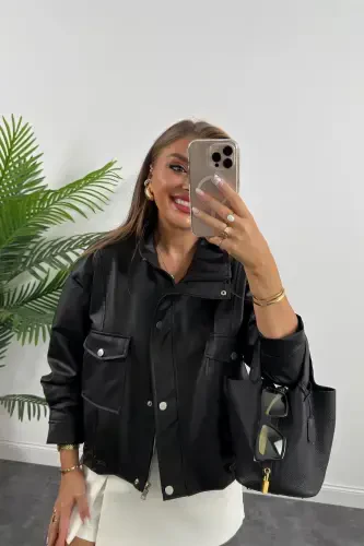 Çift Cep Yan Büzgülü Deri Ceket-Siyah - VESS MODA (1)