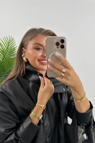 Çift Cep Yan Büzgülü Deri Ceket-Siyah - 3