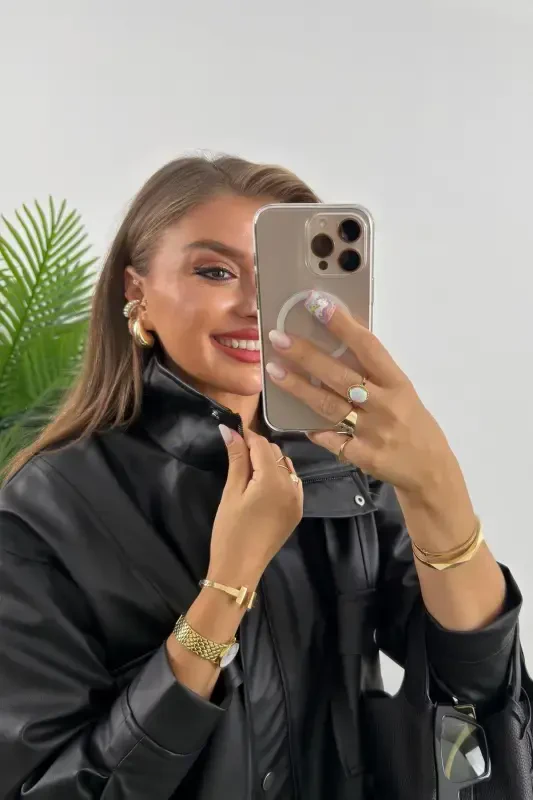 Çift Cep Yan Büzgülü Deri Ceket-Siyah - 3