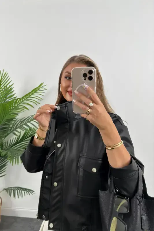 Çift Cep Yan Büzgülü Deri Ceket-Siyah - 4