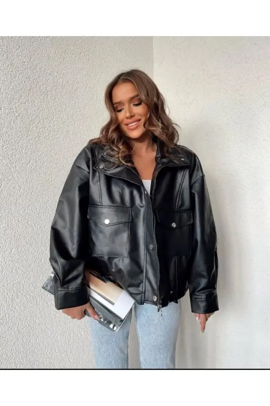Çift Cep Yan Büzgülü Oversize Deri Ceket - Siyah - 2