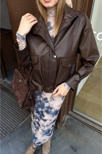 Çift Cep Yan Büzgülü Deri Ceket Kahve-Kahverengi - VESS MODA (1)
