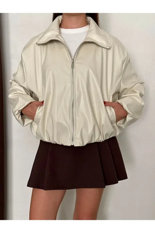 Çift Cep Yan Büzgülü Oversize Deri Ceket Taş - Krem - VESS MODA