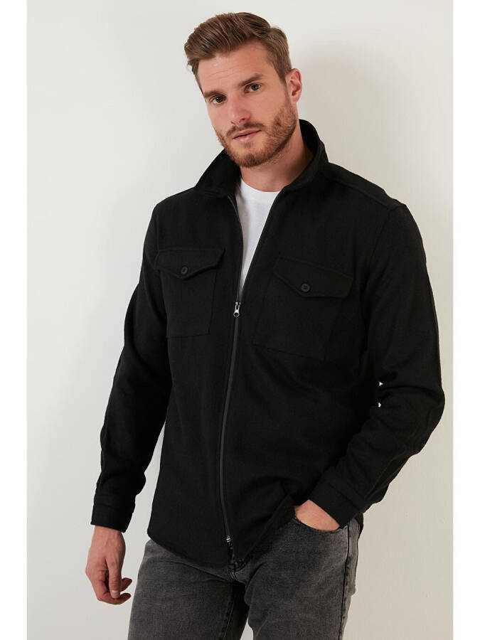 Siyah Çift Cepli Fermuarlı Slim Fit Kışlık Oduncu Gömlek CF21W112925-Siyah - 14