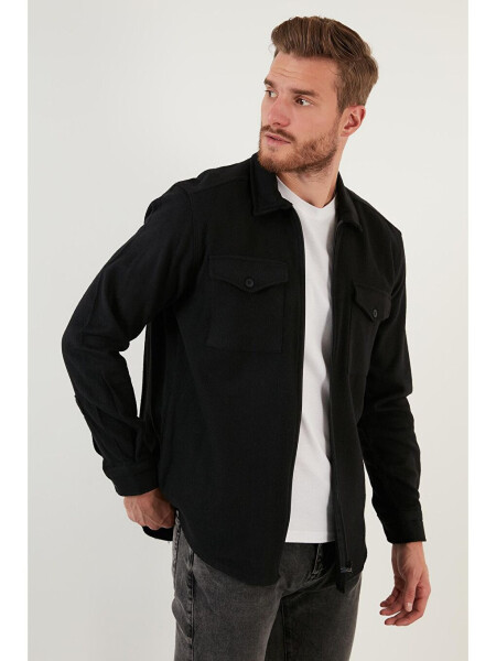 Siyah Çift Cepli Fermuarlı Slim Fit Kışlık Oduncu Gömlek CF21W112925-Siyah - 8