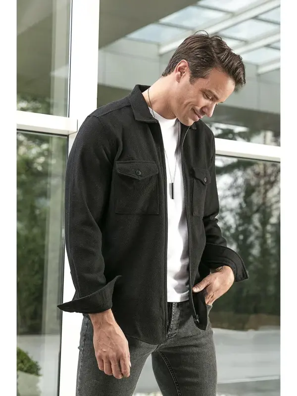 Siyah Çift Cepli Fermuarlı Slim Fit Kışlık Oduncu Gömlek CF21W112925-Siyah - 1