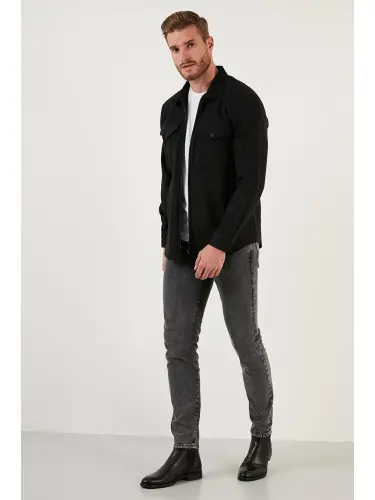 Siyah Çift Cepli Fermuarlı Slim Fit Kışlık Oduncu Gömlek CF21W112925-Siyah - 5