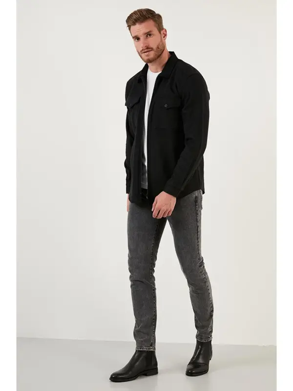 Siyah Çift Cepli Fermuarlı Slim Fit Kışlık Oduncu Gömlek CF21W112925-Siyah - 5