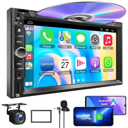 Double Din car Stereo with CD/DVD Player- CarPlay & Android Auto, Car Audio with Bluetooth, 7 Inch HD Touchscreen, Rear Camera, USB/TF/AUX, Subwoofer, AM/FM Radio Receiver - 1