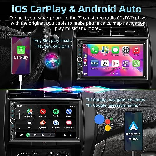 Double Din car Stereo with CD/DVD Player- CarPlay & Android Auto, Car Audio with Bluetooth, 7 Inch HD Touchscreen, Rear Camera, USB/TF/AUX, Subwoofer, AM/FM Radio Receiver - 2