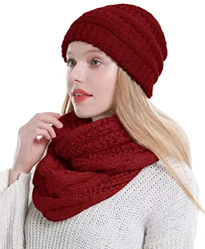 Double Couple Womens Scarf Beanie Hat Set Thick Winter Infinity Scarf Knit Scarfs for Women 