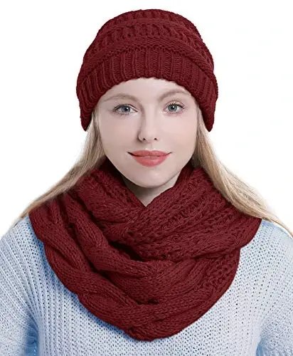 Double Couple Womens Scarf Beanie Hat Set Thick Winter Infinity Scarf Knit Scarfs for Women - Modazone (1)