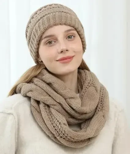 Double Couple Womens Scarf Beanie Hat Set Thick Winter Infinity Scarf Knit Scarfs for Women - Modazone (1)