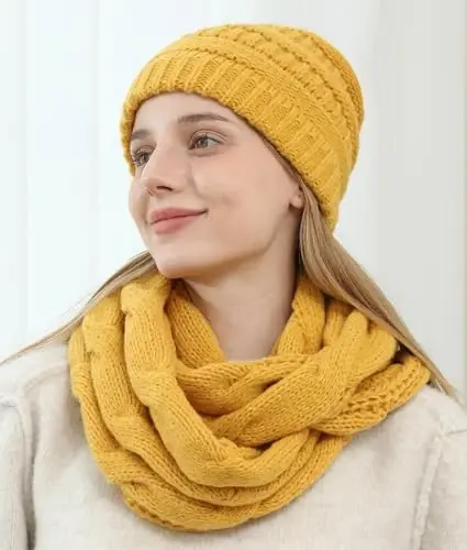 Double Couple Womens Scarf Beanie Hat Set Thick Winter Infinity Scarf Knit Scarfs for Women - 6