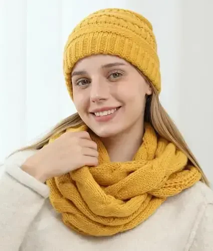 Double Couple Womens Scarf Beanie Hat Set Thick Winter Infinity Scarf Knit Scarfs for Women - Modazone (1)