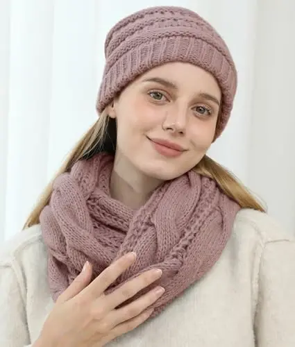 Double Couple Womens Scarf Beanie Hat Set Thick Winter Infinity Scarf Knit Scarfs for Women - Modazone (1)
