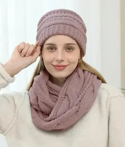 Double Couple Womens Scarf Beanie Hat Set Thick Winter Infinity Scarf Knit Scarfs for Women - 5