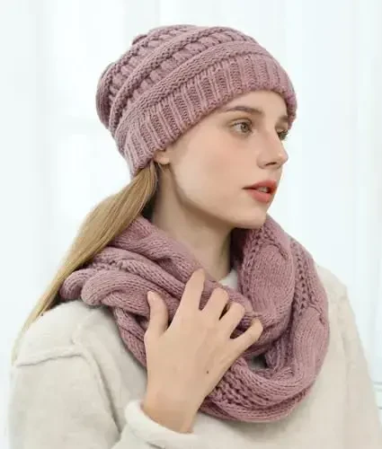 Double Couple Womens Scarf Beanie Hat Set Thick Winter Infinity Scarf Knit Scarfs for Women - 6