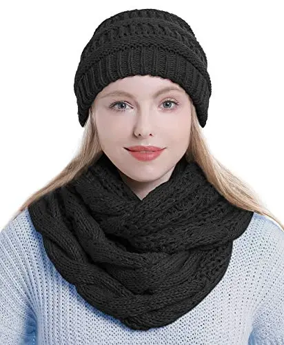 Double Couple Womens Scarf Beanie Hat Set Thick Winter Infinity Scarf Knit Scarfs for Women - Modazone (1)