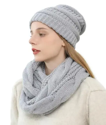 Double Couple Womens Scarf Beanie Hat Set Thick Winter Infinity Scarf Knit Scarfs for Women 