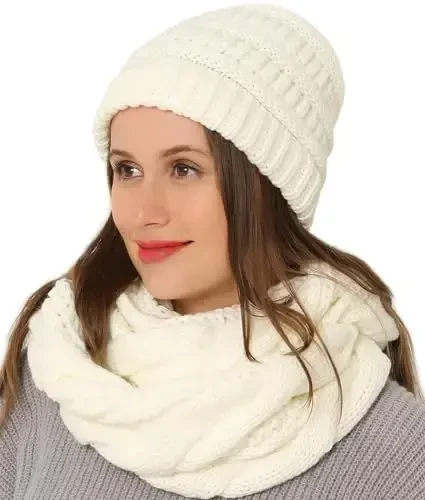 Double Couple Womens Scarf Beanie Hat Set Thick Winter Infinity Scarf Knit Scarfs for Women 