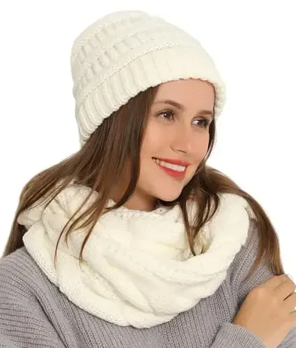 Double Couple Womens Scarf Beanie Hat Set Thick Winter Infinity Scarf Knit Scarfs for Women - Modazone (1)