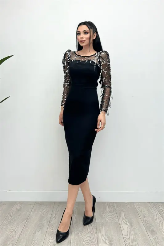 Double Kumaş Pul Saçaklı Elbise - Gümüş - 4