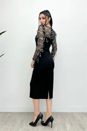 Double Kumaş Pul Saçaklı Elbise - Gümüş - 6
