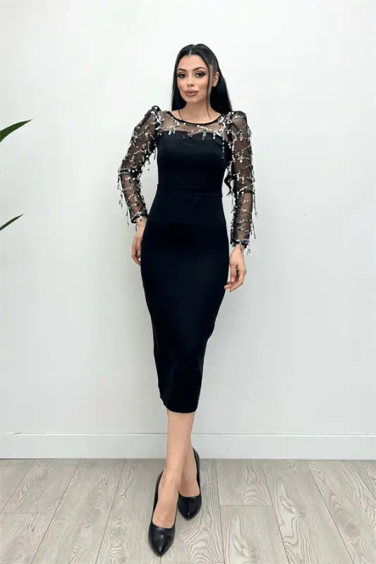 Double Kumaş Pul Saçaklı Elbise - Gümüş - 7