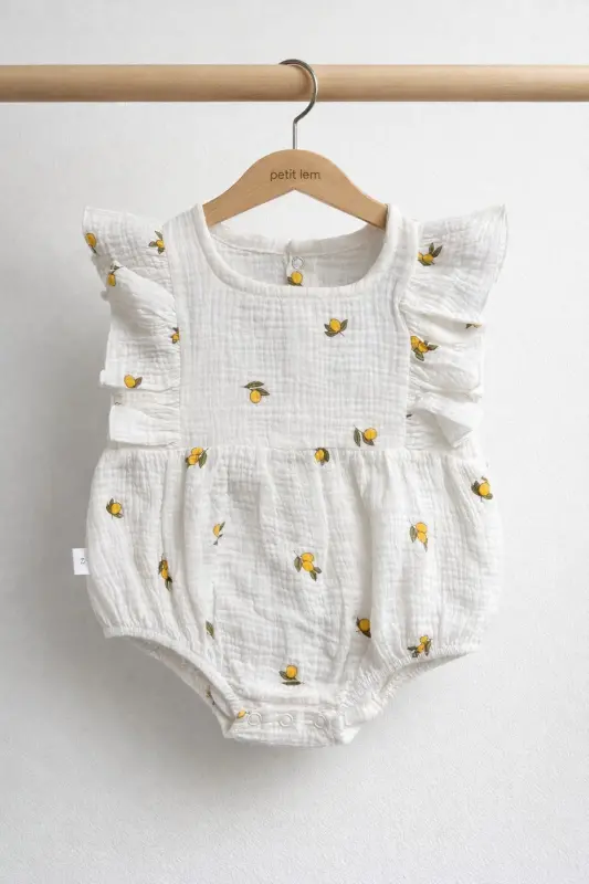 Çift Kat Müslin Limon Desenli Bebek Tulum-Ekru - 3