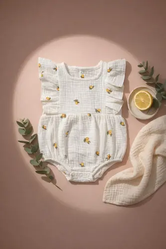 Çift Kat Müslin Limon Desenli Bebek Tulum-Ekru - 1