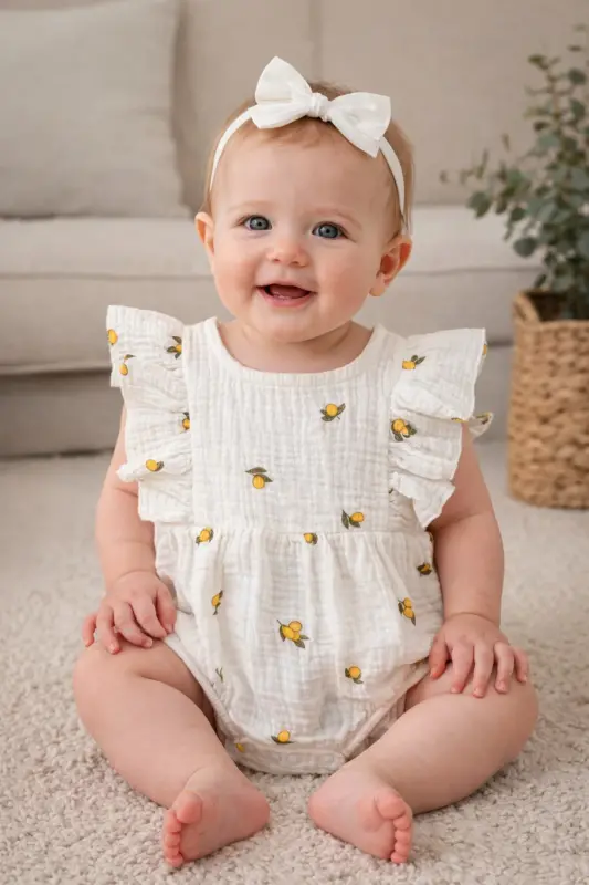 Çift Kat Müslin Limon Desenli Bebek Tulum-Ekru - 2