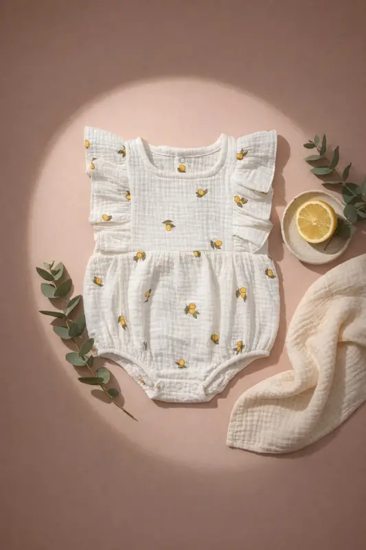 Çift Kat Müslin Limon Desenli Bebek Tulum - Ekru - 2