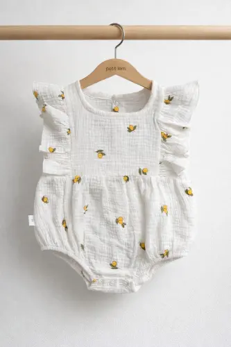 Çift Kat Müslin Limon Desenli Bebek Tulum - Ekru - 4
