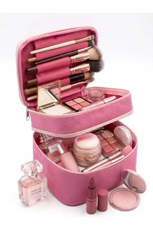 Çift Katlı Captain Seyahat Makyaj Çantası - Büyük Boy Fonksiyonlu Kozmetik Düzenleyici Fuşya-Fuşya - NS RELIABLE