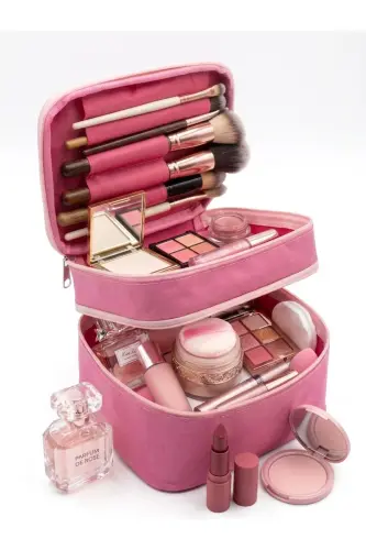Çift Katlı Captain Seyahat Makyaj Çantası - Büyük Boy Fonksiyonlu Kozmetik Düzenleyici Fuşya-Fuşya - 1