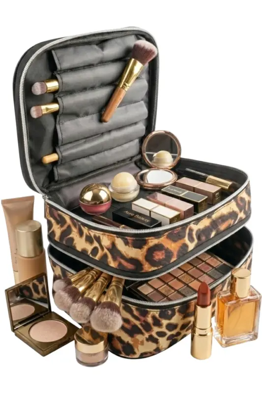 Çift Katlı Captain Seyahat Makyaj Çantası - Büyük Boy Fonksiyonlu Kozmetik Düzenleyici Leopar-Leopar - 1