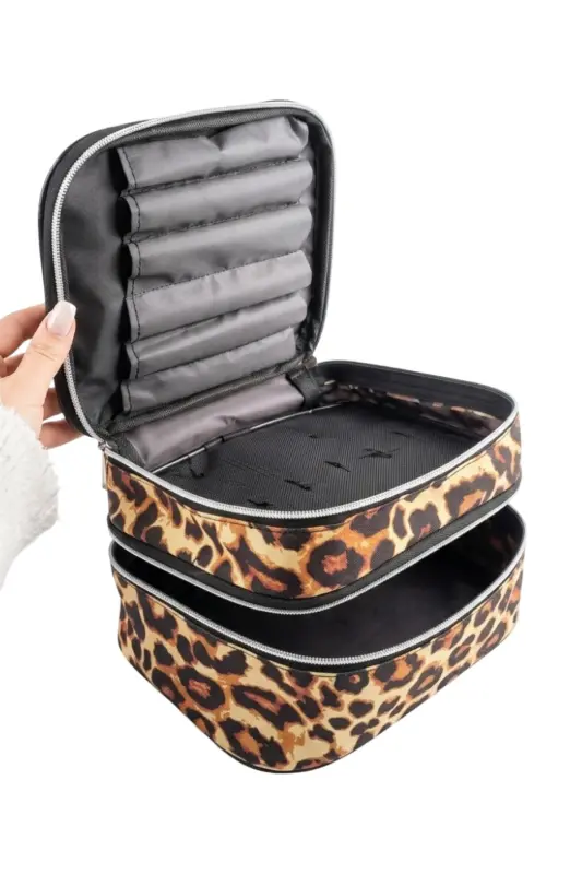 Çift Katlı Captain Seyahat Makyaj Çantası - Büyük Boy Fonksiyonlu Kozmetik Düzenleyici Leopar - Leopar - 5