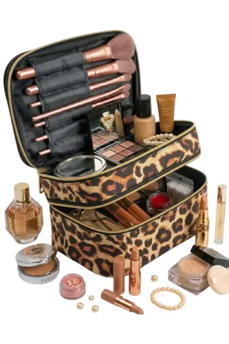 Çift Katlı Captain Seyahat Makyaj Çantası - Büyük Boy Fonksiyonlu Kozmetik Düzenleyici Leopar-Leopar - 8