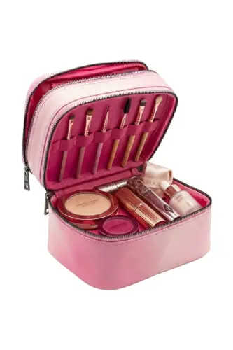 Çift Katlı Captain Seyahat Makyaj Organizatörü Makyaj Çantası,çok Fonksiyonlu Kozmetik Çanta Pembe-Metalik - 4
