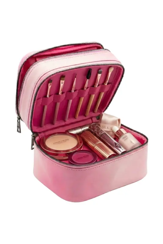 Çift Katlı Captain Seyahat Makyaj Organizatörü Makyaj Çantası,çok Fonksiyonlu Kozmetik Çanta Pembe-Metalik - 4