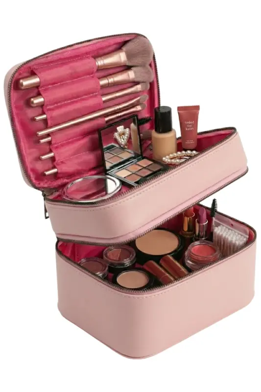 Çift Katlı Captain Seyahat Makyaj Organizatörü Makyaj Çantası,çok Fonksiyonlu Kozmetik Çanta Pembe-Metalik - 8