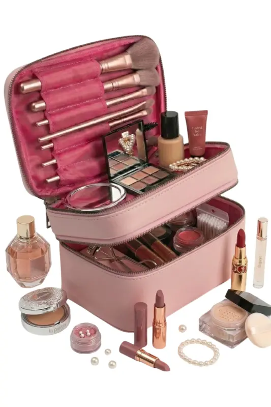 Çift Katlı Captain Seyahat Makyaj Organizatörü Makyaj Çantası,çok Fonksiyonlu Kozmetik Çanta Pembe-Metalik - NS RELIABLE