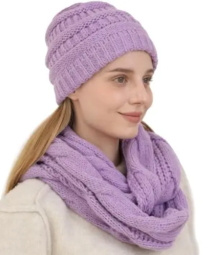 Double Couple Womens Scarf Beanie Hat Set Thick Winter Infinity Scarf Knit Scarfs for Women 
