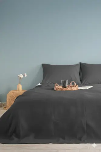 Çift Kişilik Antrasit Dama Desenli Pike. Damalı Otel Pikesi 200 X 230 Antrasit-Antrasit - 3