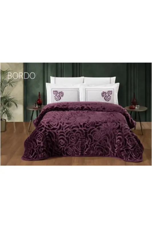 Çift Kişilik Çarşafı Pamuklu Battaniye Seti Bordo 6 Parça-KIRMIZI - 4