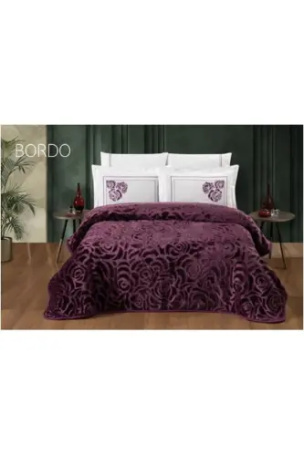 Çift Kişilik Çarşafı Pamuklu Battaniye Seti Bordo 6 Parça-KIRMIZI 