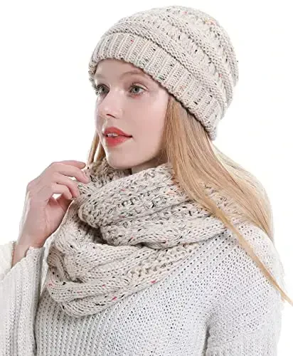 Double Couple Womens Scarf Beanie Hat Set Thick Winter Infinity Scarf Knit Scarfs for Women 
