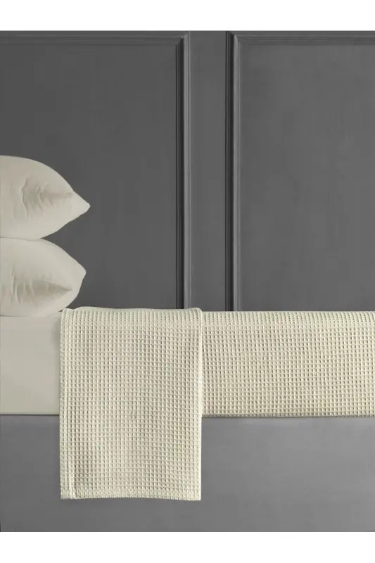 Çift Kişilik Krem Waffle Pike - Pamuklu Dokuma Kaliteli Ürün 200x230 Cm - Yazlık Pike-Krem - 1