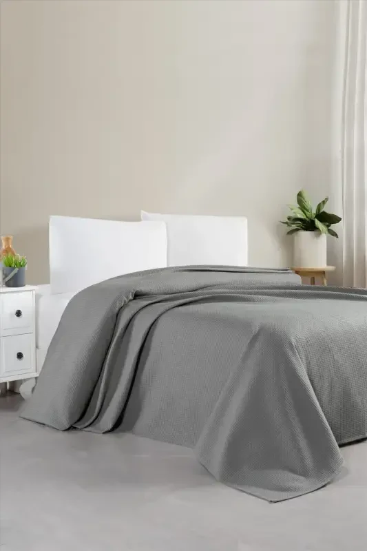 Çift Kişilik Waffle Pike, Antrasit Pamuklu Yatak Örtüsü - 200x230cm - Yazlık Pike-Antrasit - 2